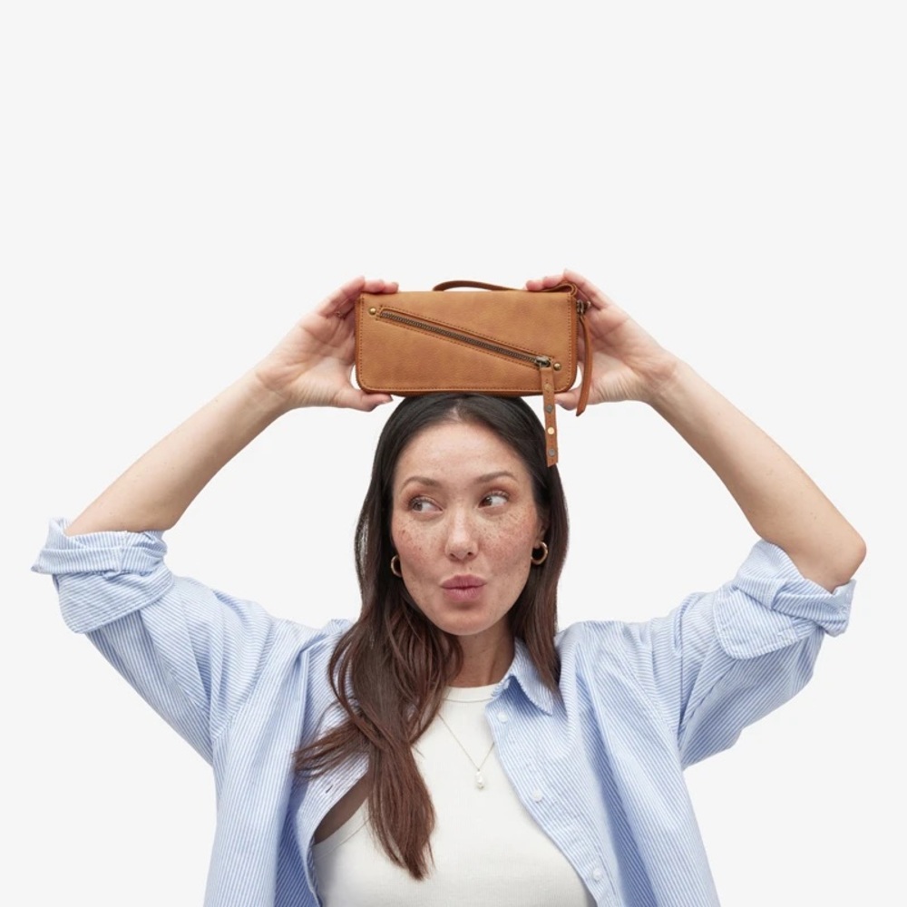 Free People Tan Leather Zip Wristlet Wallet